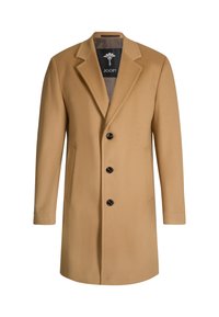 Camelkleurige mannenoverjas met drie zwarte knopen, notch lapel kraag en twee zijzakken, met JOOP! merkvoering.