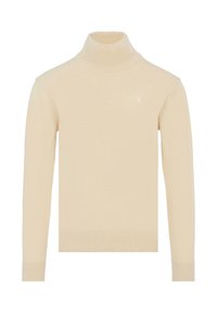 Maglione beige a collo alto con texture a costine, maniche lunghe e design aderente. Presenta un piccolo logo discreto sul petto.