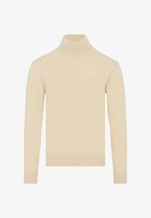 Maglione beige a collo alto con texture a costine, maniche lunghe e design aderente. Presenta un piccolo logo discreto sul petto.