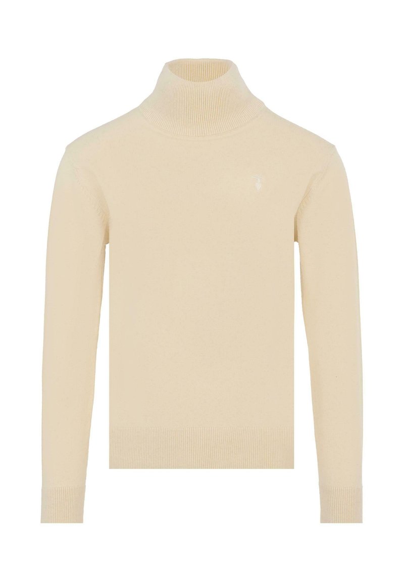Maglione beige a collo alto con texture a costine, maniche lunghe e design aderente. Presenta un piccolo logo discreto sul petto.