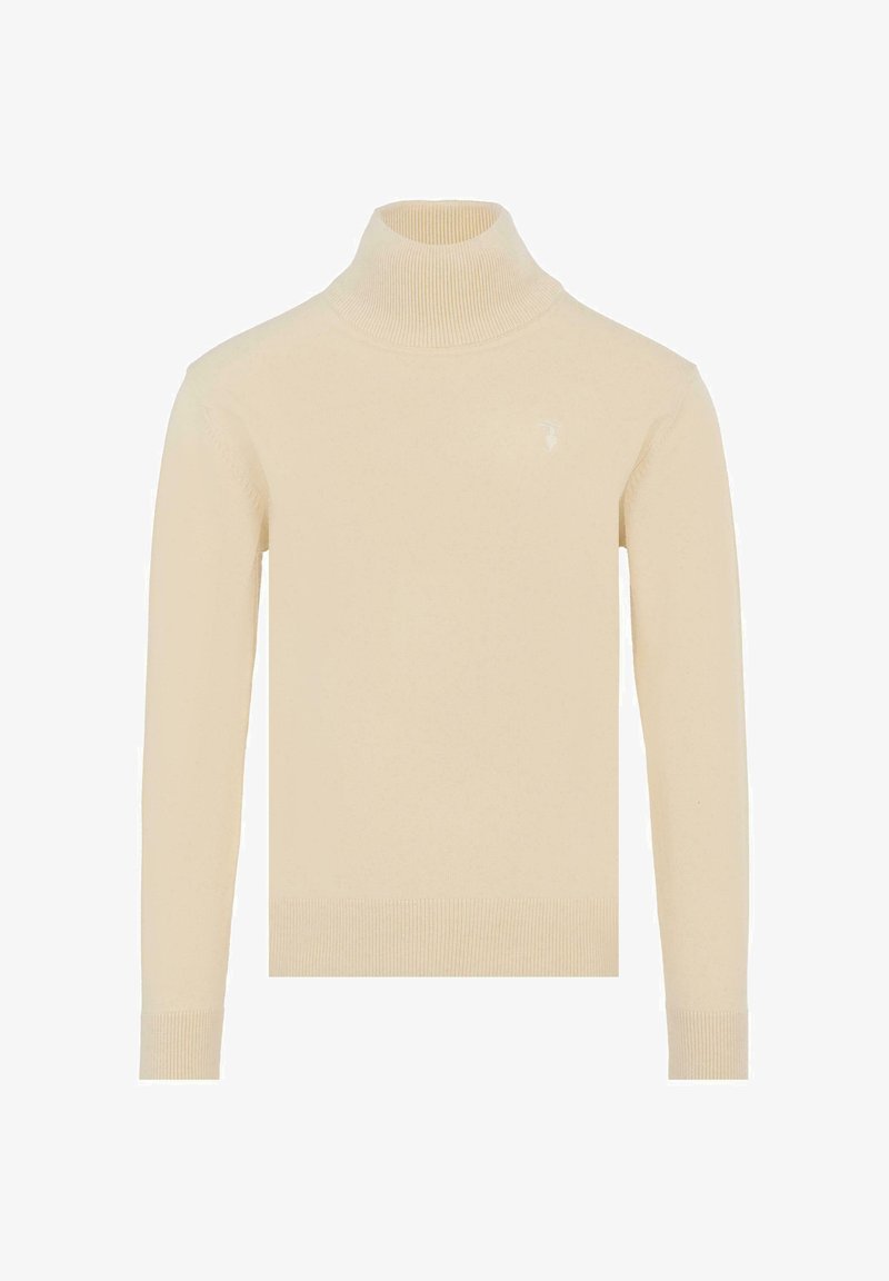 Beżowy sweter z golfem o prążkowanej strukturze, z długimi rękawami i dopasowanym krojem. Posiada małe, dyskretne logo na klatce piersiowej.