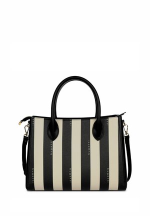 Sac à main avec des rayures verticales noires et beiges, deux poignées noires, une bandoulière détachable et un discret logo "bugatti" sur les rayures.