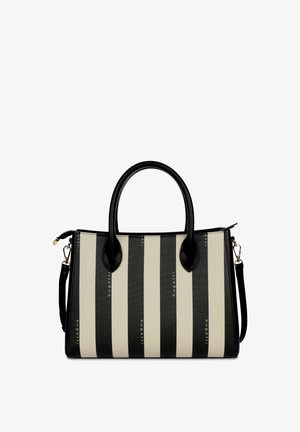 Handtas met zwarte en beige verticale strepen, twee zwarte handvatten, afneembare schouderriem en subtiele "bugatti" branding op de strepen.