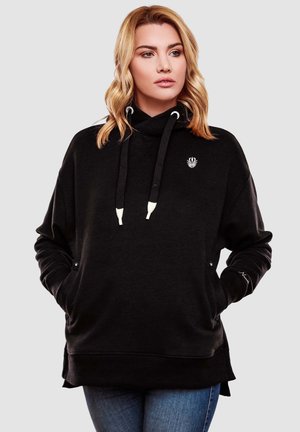 Black hoodie with a high neck, drawstrings, and front pockets. Features a small logo on the chest and ribbed cuffs. Soft texture.