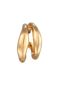 Goldfarbener, glatter Metallring mit einem einzigartigen Verschlussdesign. Geschwungene, verwobene Formen schaffen eine schlanke und moderne Ästhetik.