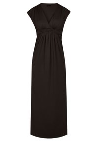 Schwarz, ärmelloses Maxikleid mit V-Ausschnitt und geraffter Taille, aus weichem Stoff gefertigt. Verfügt über drapierte Schultern und ein fließendes Design.