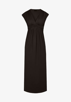 Sort, ærmeløs maxi-kjole med V-hals og samlet talje, lavet af blødt stof. Har draperede skuldre og et svævende design.