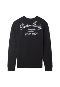 Felpa nera con collo a giro e maniche lunghe. Sul retro c'è del testo bianco: "Qualità Premium Tradizione Rurale dal 1908."