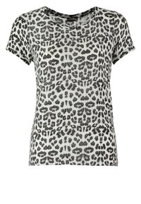 T-shirt a maniche corte con stampa leopardata grigia e nera su sfondo bianco, dotato di scollatura rotonda e texture morbida.
