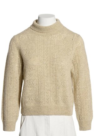 Pull beige en maille avec motifs texturés, manches longues, bords-côtes aux poignets et au col, présenté sur un torse de mannequin blanc.