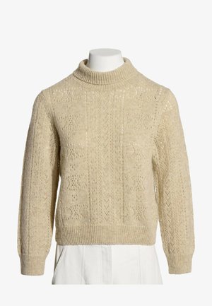 Beżowy sweter dziany z fakturowanymi wzorami, długimi rękawami oraz ściągaczami na mankietach i kołnierzu, prezentowany na białym torsie manekina.