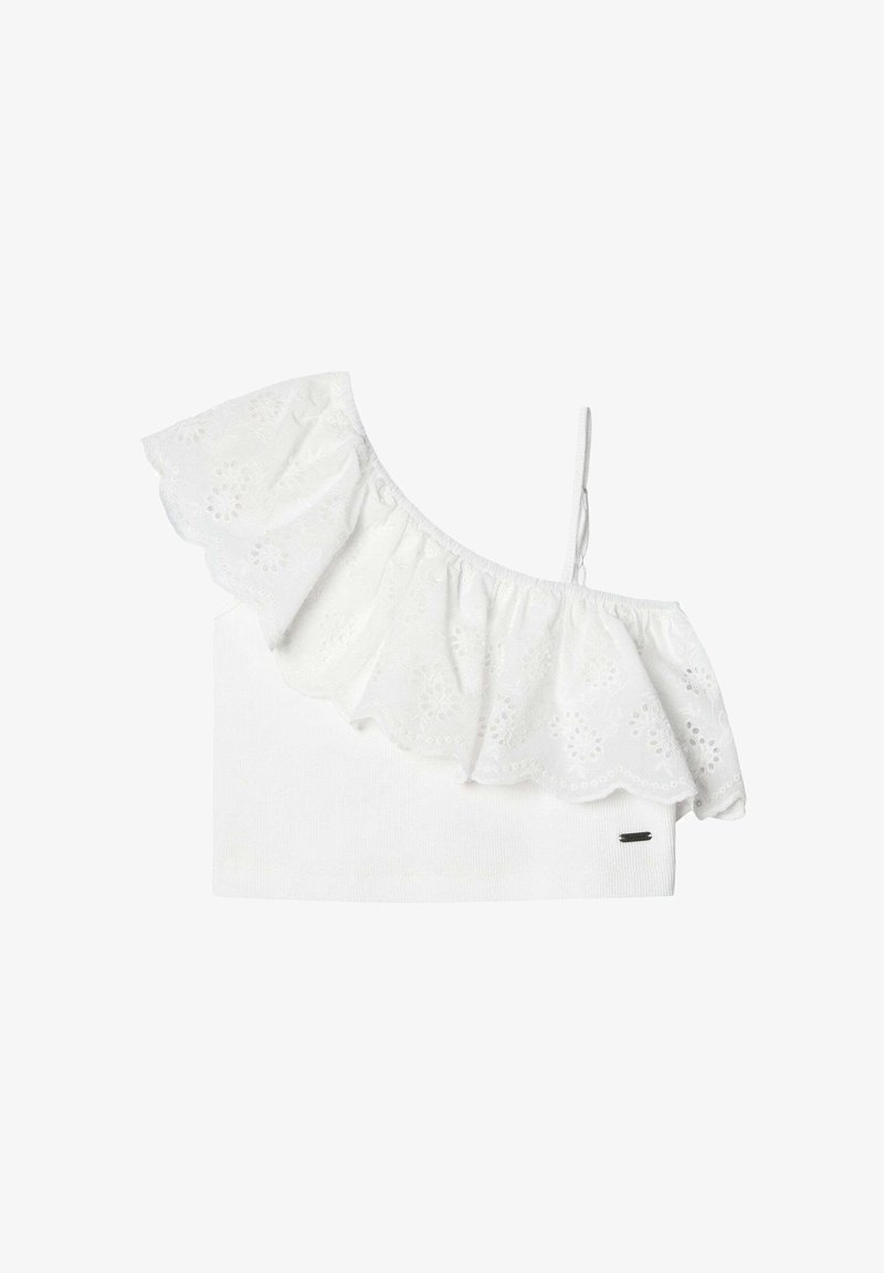 Bela skrajšana majica z enim naramnicami, teksturirane cvetlične robove in nastavljivo naramnico za varno prileganje.