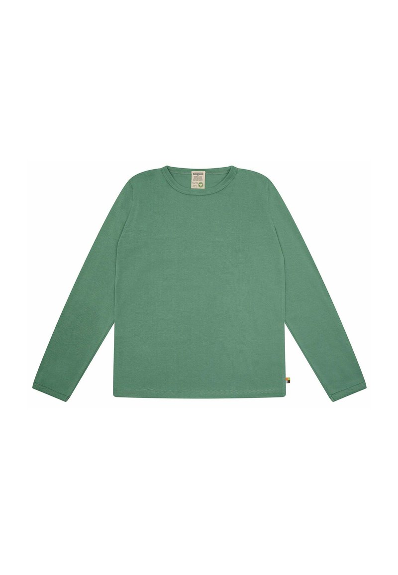 Lange mouw shirt in zachtgroene katoen. Heeft een ronde halslijn, rechte pasvorm en label aan de onderste linkerzijde. Gladde textuur.