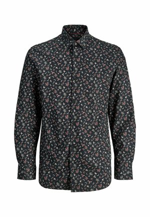Chemise à manches longues, boutonnée, en tissu sombre avec un motif floral rouge et blanc. Elle présente un col classique et une coupe régulière.