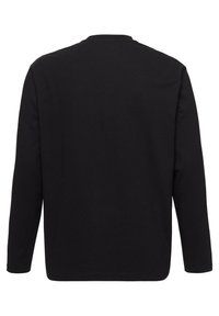 Maglia nera a maniche lunghe in cotone. Presenta un collo rotondo e un design semplice e pulito senza decorazioni o motivi.