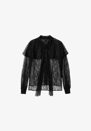 Black lace blouse featuring a bow tie front, long sleeves with gathered cuffs, and a layered collar, creating a textured, semi-transparent design.