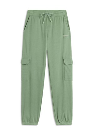 Pantaloni cargo verde chiaro realizzati in tessuto testurizzato, con tasche laterali, vita elastica con cordoncino e orli affusolati.