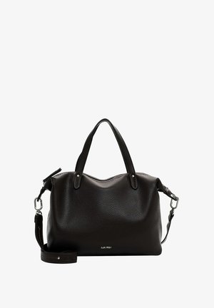 Schwarze Lederhandtasche mit strukturierter Oberfläche, doppelten Griffen, abnehmbarem Schultergurt und silbernen Hardware-Akzenten. Dezentes Markenlogo geprägt.