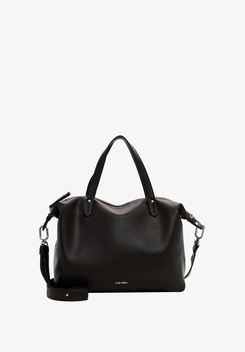Schwarze Lederhandtasche mit strukturierter Oberfläche, doppelten Griffen, abnehmbarem Schultergurt und silbernen Hardware-Akzenten. Dezentes Markenlogo geprägt.