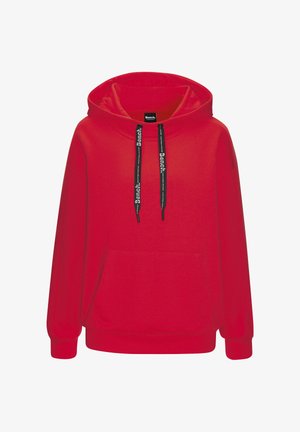 Red hooded sweatshirt with black drawstrings featuring white "Bench" text, a front kangaroo pocket, and ribbed cuffs and hem.