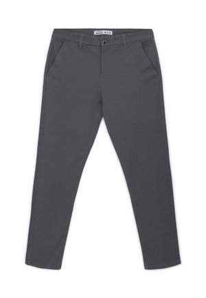 Pantaloni chino grigi in cotone, con design dritto, tasche laterali e chiusura con bottone in vita. Nessun motivo visibile.