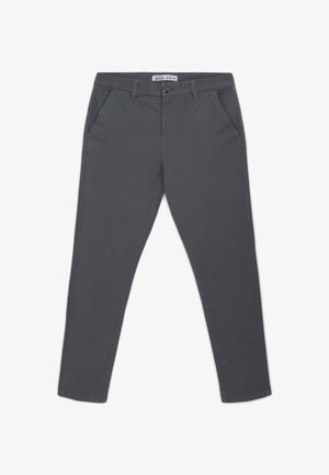 Pantaloni chino grigi in cotone, con design dritto, tasche laterali e chiusura con bottone in vita. Nessun motivo visibile.