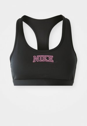 Must mustriba, millel on võistlusselja disain ja elastne riba. Ees on roosa brodeeritud "NIKE" logo. Sile tekstuur.