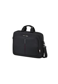 Borsa per laptop nera realizzata in tessuto resistente con superficie testurizzata, dotata di due maniglie, una tracolla regolabile e una tasca frontale con zip e accenti rossi.