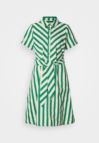 Φόρεμα με κοντά μανίκια και κουμπιά μπροστά, με κάθετες πράσινες και κρεμ ρίγες, ζώνη στη μέση και γιακά. Υλικό βαμβάκι.