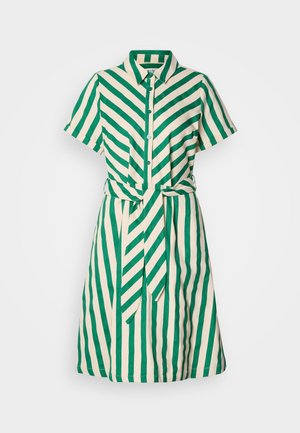 Kurzärmeliges Kleid mit durchgehender Knopfleiste, vertikalen grünen und cremefarbenen Streifen, einer Taillenschleife und einem Kragen. Aus Baumwollmaterial.