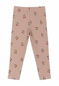 Ribbad leggings i mjuk rosa med ett körsbärsmönster, prydda med gröna blad. Elastisk midja, figurnära design och avsmalnande ben.