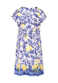 Blumenkleid mit weißem Grund, blauen Blättern und gelben Zitronen. Kurze Ärmel, runder Halsausschnitt und ein Saum mit blauen Akzenten.