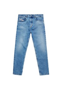 Vaaleansiniset farkut, joissa on suora lahje, viisi taskua, vetoketju ja hienovarainen haalistuminen kuluneen ilmeen saavuttamiseksi.