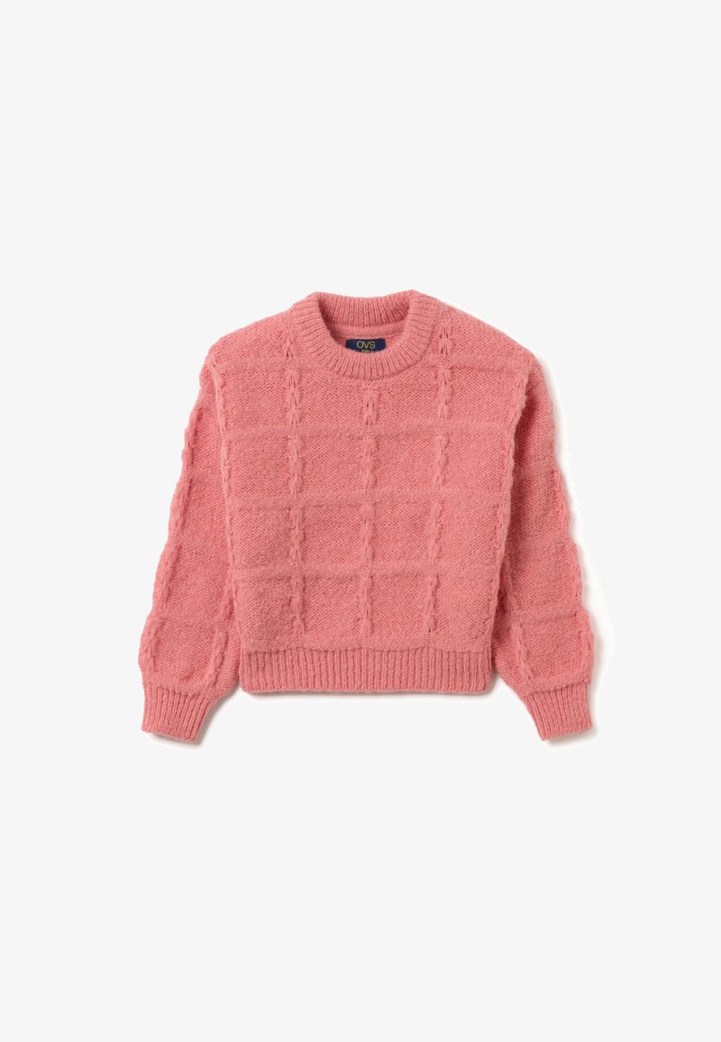 Maglione rosa lavorato a maglia con un motivo a squadre, collo rotondo e polsini a coste. Texture morbida e vestibilità corta con una silhouette rilassata.
