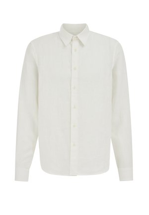 Witte blouse met lange mouwen, knoopsluiting, puntige kraag en subtiel getextureerd verticaal patroon op een effen achtergrond.