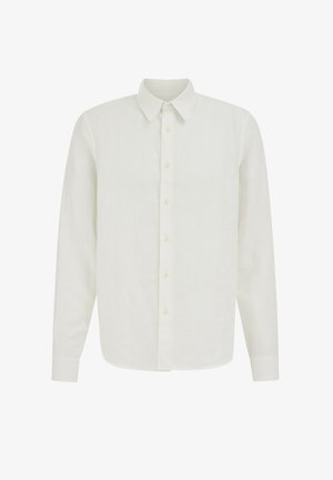 Witte blouse met lange mouwen, knoopsluiting, puntige kraag en subtiel getextureerd verticaal patroon op een effen achtergrond.
