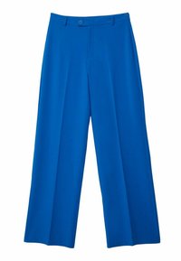 Blaue weit geschnittene Hosen aus glattem Stoff. Mit einem vorderen Knopfverschluss, Gürtelschlaufen und scharfen Falten auf der Vorderseite.