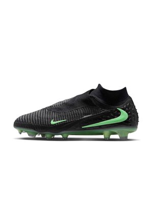 Sort højtop-fodboldstøvle med tekstureret overdel, grønne Nike-swoosher og grønne knopper på sålen.