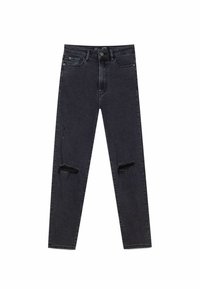 Černé džíny skinny s roztrhnutými koleny, klasickým pětikapsovým designem a zipem s knoflíkovým uzávěrem.