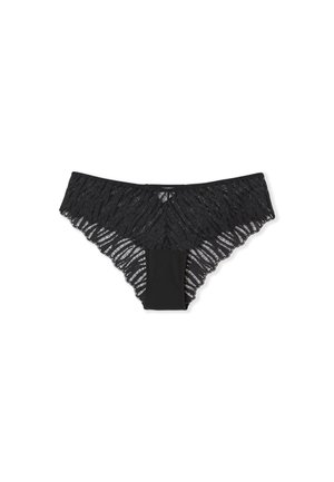 Black lace panties featuring a wavy design on the front and a solid black back. Adjustable waistband with scalloped edges. Soft texture.