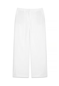 Pantalons larges blancs en tissu satiné, avec des poches avant et une taille plate munie de passants de ceinture.