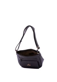 Borsa a tracolla in pelle nera con finitura testurizzata, dotata di un compartimento principale, una tasca frontale con zip e una tracolla removibile. Accenti dorati.