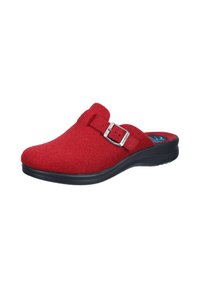 Red felt clogs with adjustable silver buckle, soft texture, and black rubber sole. Low-profile design suitable for indoor or casual use.