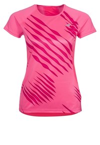Lyhyttä hihaa omaava urheilu paita kirkkaan vaaleanpunaisesta kankaasta, jossa on aaltoilevia tummanpunaisia raitoja ja pieni logo rinnassa. Kevyt ja istuva muotoilu.