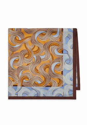 Sciarpa di seta con motivi astratti ondulati in marrone, beige e blu su sfondo dorato, bordata da bordi marrone scuro.