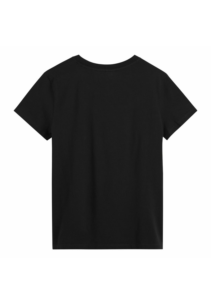 Schlichtes schwarzes T-Shirt mit kurzen Ärmeln und Rundhalsausschnitt, von hinten auf weißem Hintergrund gezeigt.