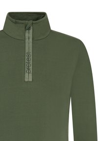 Olijfgroene langslub pullover met een halve rits kraag, voorzien van een gestikte logo label en glad, textuurstof.