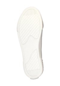 Semelle de chaussures en caoutchouc blanc présentant un motif en diamant texturé et un profil en chevron pour l'adhérence, avec des bords arrondis et un design épuré.