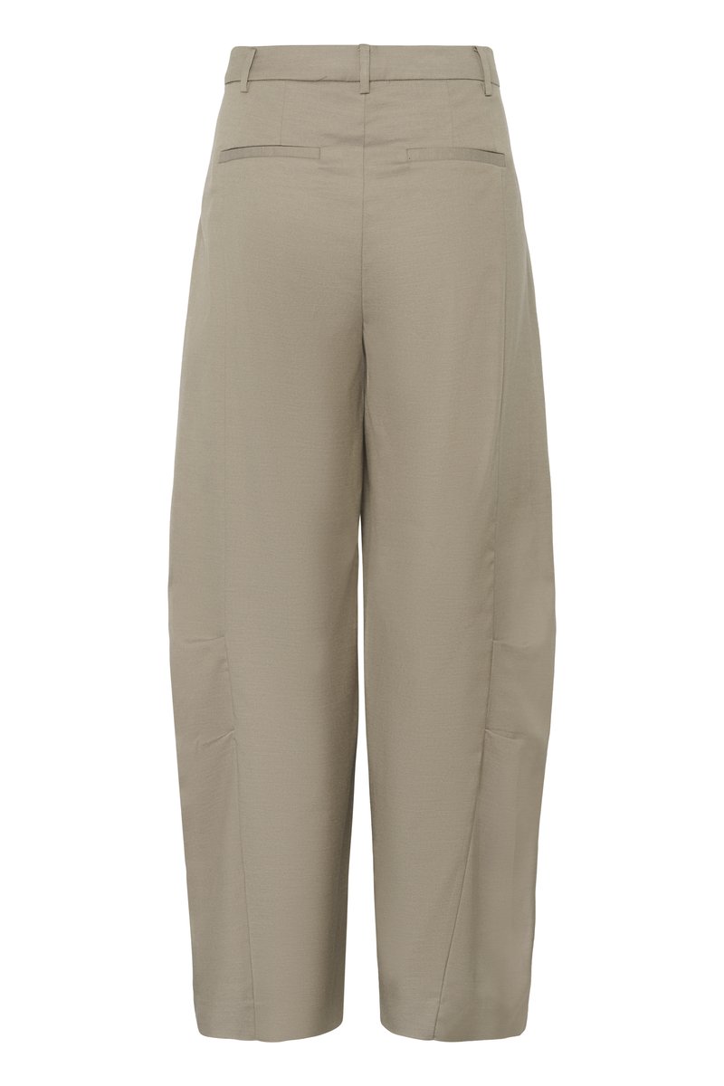 Straight-cut beige trousers with belt loops and two back welt pockets, displayed against a white background.
