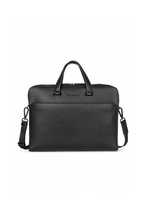 Serviette en cuir noir avec doubles poignées, poche avant zippée et bandoulière réglable, conçue pour un usage professionnel.